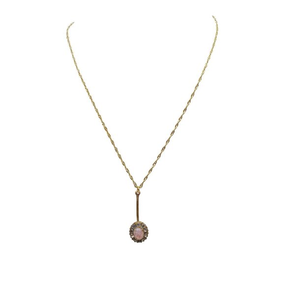 Vintage Gold Tone Chain Necklace with Glass Opal Crystal Halo Drop Pendant - Picture 1 of 5